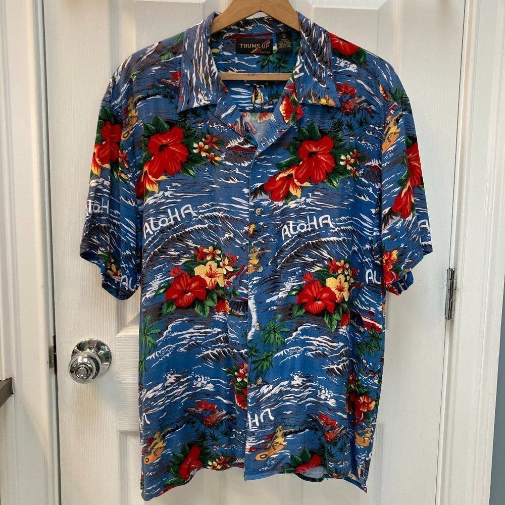 Vintage Thums Up "Aloha!" Hawaiian Short Sleeve Camp Shirt Size Small